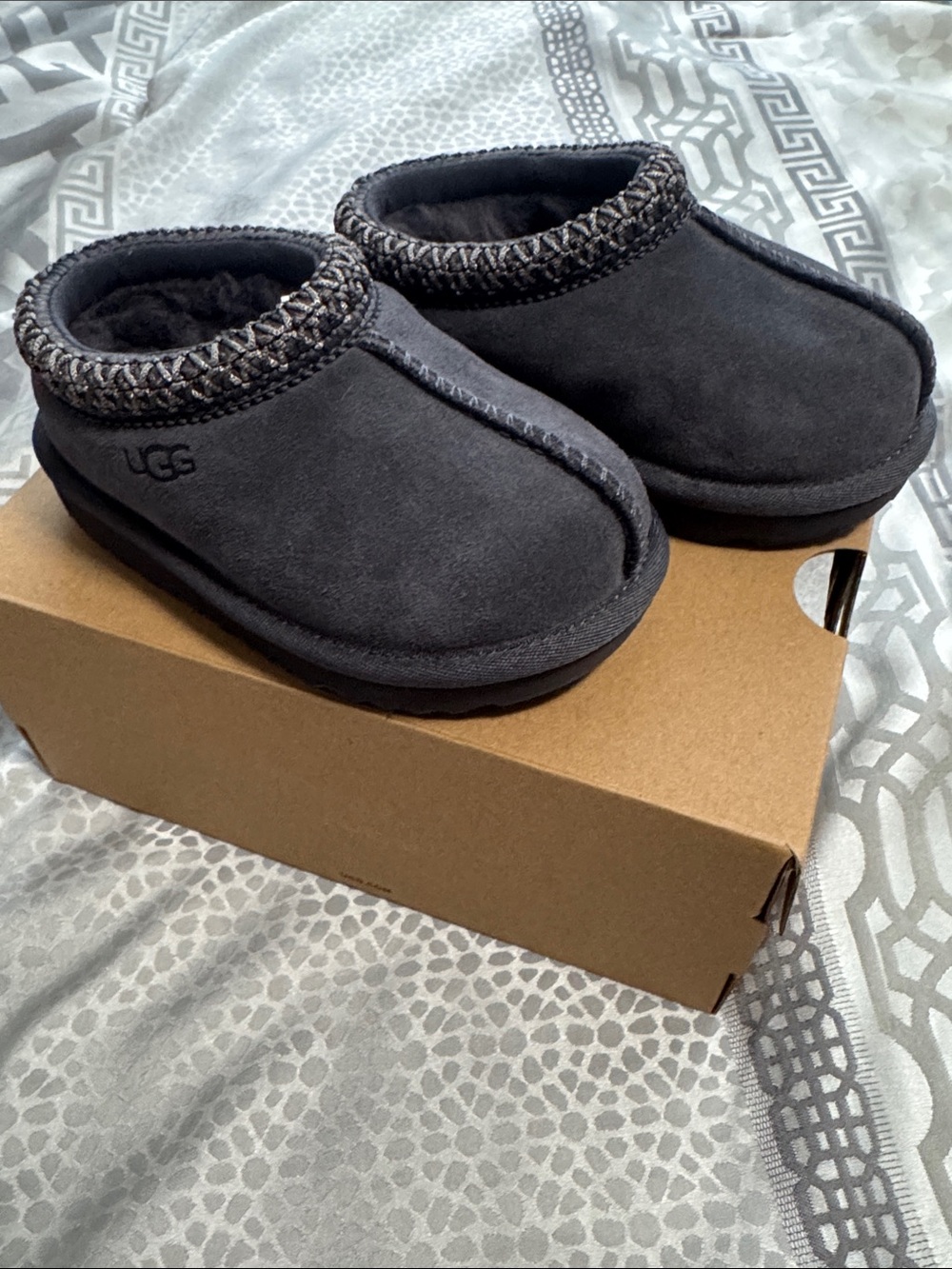 UGG Kids Charcoal Grey Slip-On Cozy Clog Slippers.